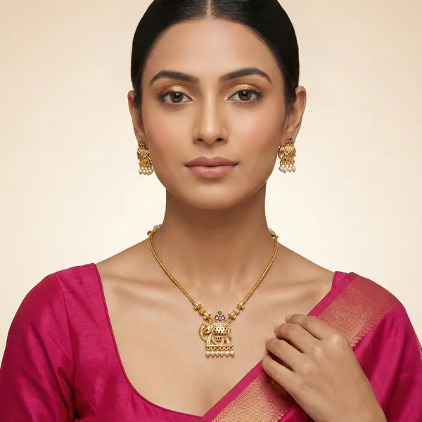Gold_Elephant_Motif_Pearl_Drop_Necklace_Set_For_Women