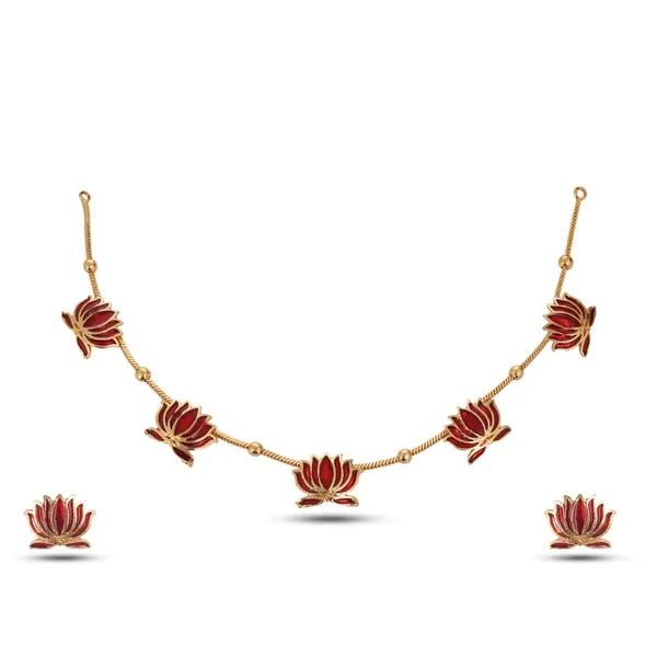 Gold_Tone_Red_Enamel_Lotus_Motif_Necklace_Earrings_Set