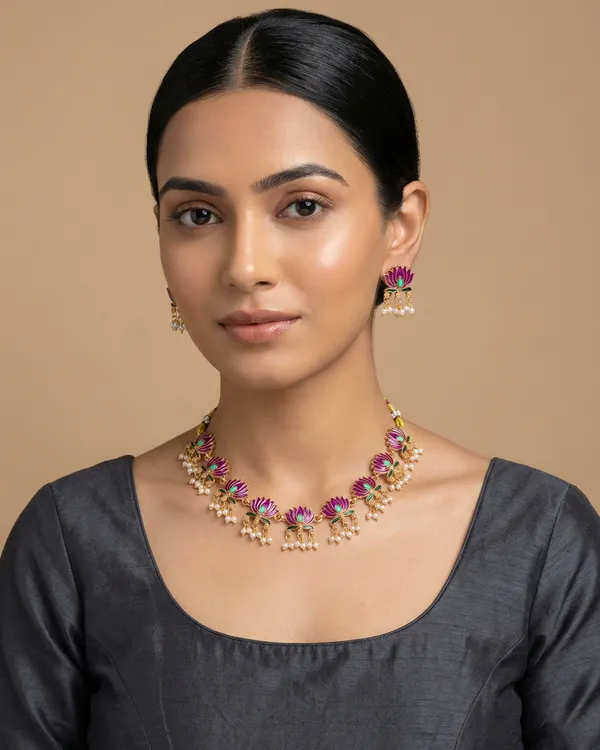 Pink_Lotus_Copper_Necklace_Earrings_Set_With_Pearls