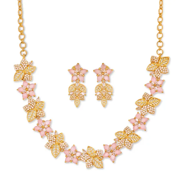 Gold_Plated_Pink_Stone_Floral_Earrings_With_Leaf_Design