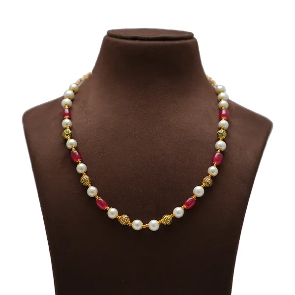 White_Pearl_And_Pink_Stone_Beaded_Necklace_With_Gold_Accents