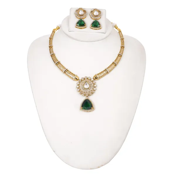 Gold_Tone_American_Diamond_Floral_Emerald_Green_Stone_Necklace_Set_For_Women