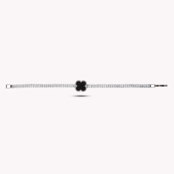 Silver_Tone_Black_Clover_Charm_Bracelet_For_Women