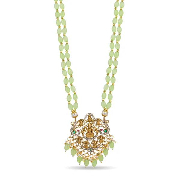 Mint_Green_Beaded_Double_Strand_Long_Necklace_With_Gold_Plated_Lakshmi_Pendant_For_Women
