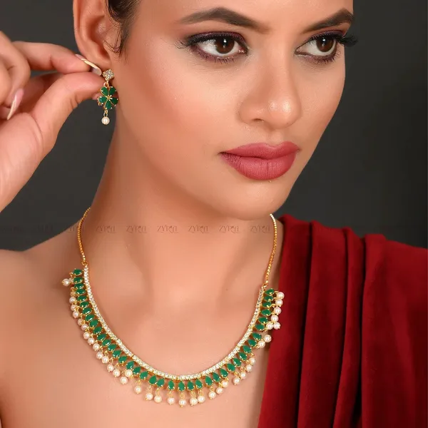 Green_Stone_American_Diamond_Gold_Plated_Choker_Necklace_Set