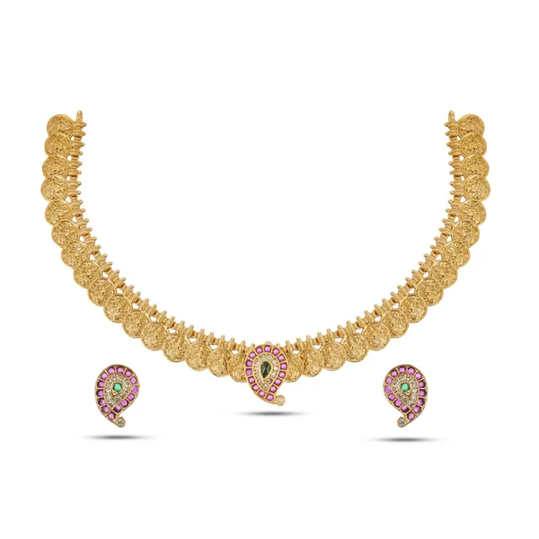 Gold_Plated_Brass_Coin_Necklace_Set_With_Pink_Kemp_Earrings