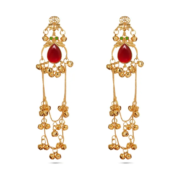 Gold_Plated_Kashmiri_Earrings_Red_Stone_Cascade_Dangle_Design