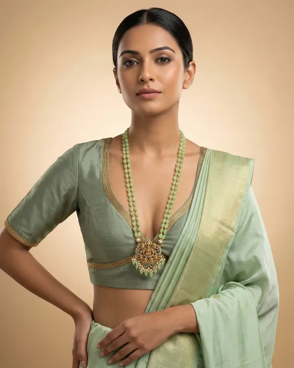 Mint_Green_Beaded_Double_Strand_Long_Necklace_With_Gold_Plated_Lakshmi_Pendant_For_Women