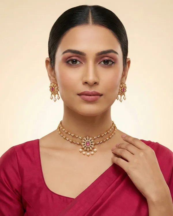 Gold_Plated_Double_Layer_Zircon_Choker_Necklace_Set_With_Earrings_(Ruby)