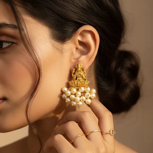Antique_Gold_Plated_Goddess_Lakshmi_Pearl_Drop_Earrings