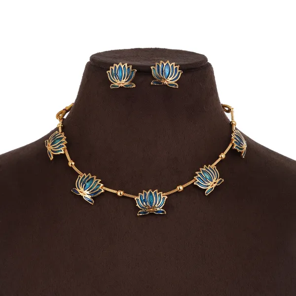 Gold_Plated_Brass_Blue_Lotus_Necklace_Set_For_Women