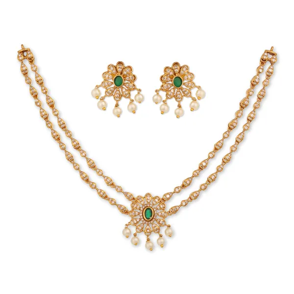 Gold_Plated_Double_Layer_Zircon_Choker_Necklace_Set_With_Earrings_(Green)