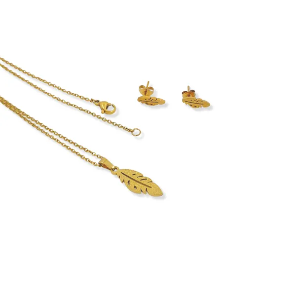 Yellow_Gold_Plated_Stainless_Steel_Feather_Pendant_Necklace_Set