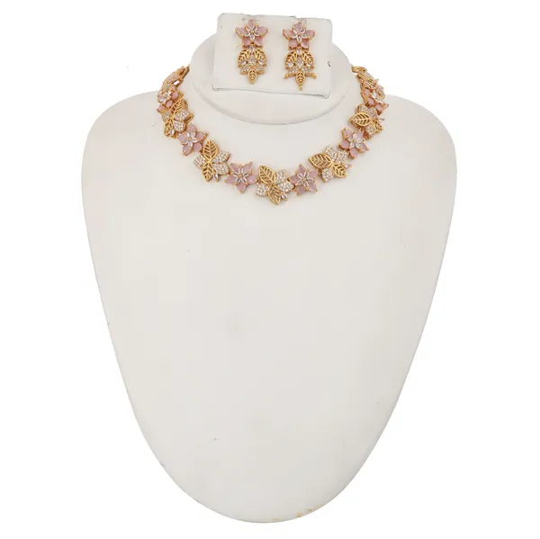 Gold_Plated_Pink_Stone_Floral_Earrings_With_Leaf_Design