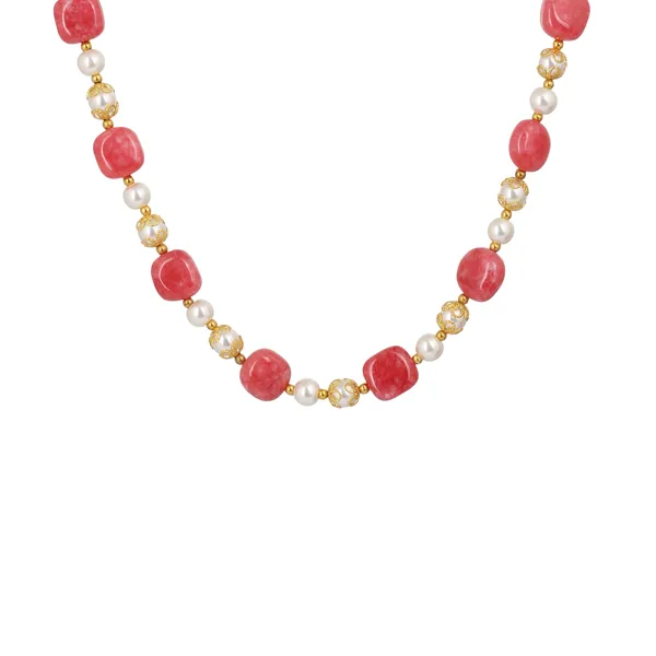 Gold_Tone_Red_Bead_And_Pearl_Chain_Necklace_For_Women
