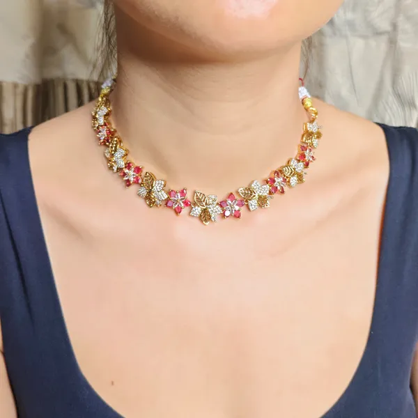 Gold_Pink_Floral_Stone_Necklace_Earrings_Set_For_Women