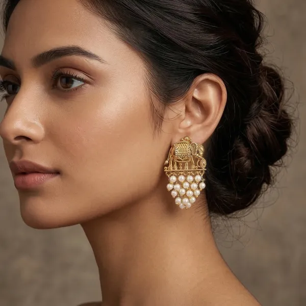 Antique_Gold_Plated_Brass_Elephant_Design_Pearl_Drop_Earrings