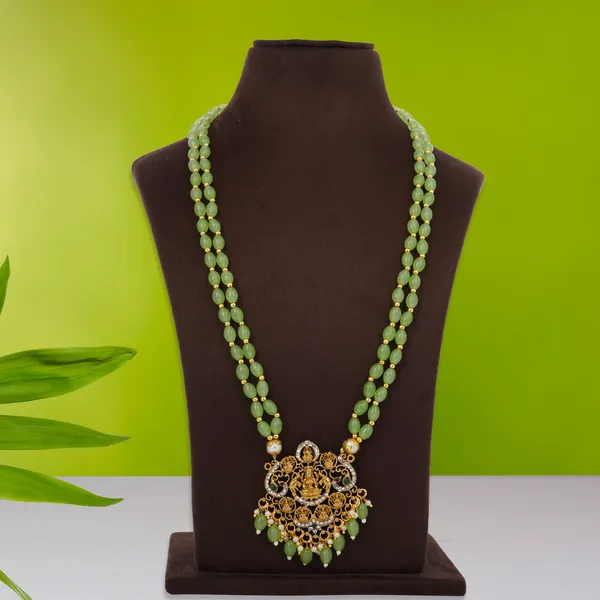 Mint_Green_Beaded_Double_Strand_Long_Necklace_With_Gold_Plated_Lakshmi_Pendant_For_Women