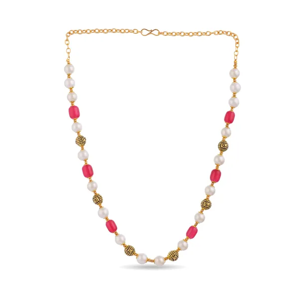 White_Pearl_And_Pink_Stone_Beaded_Necklace_With_Gold_Accents