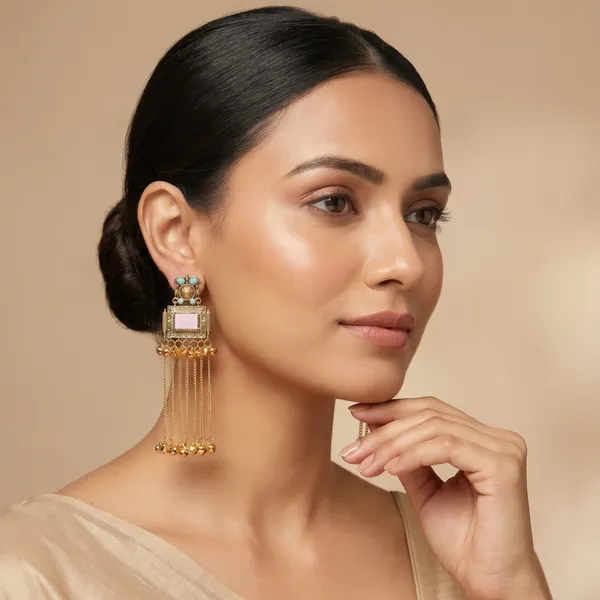 Gold_Pink_Turquoise_Stone_Jhumka_Tassel_Earrings_For_Women