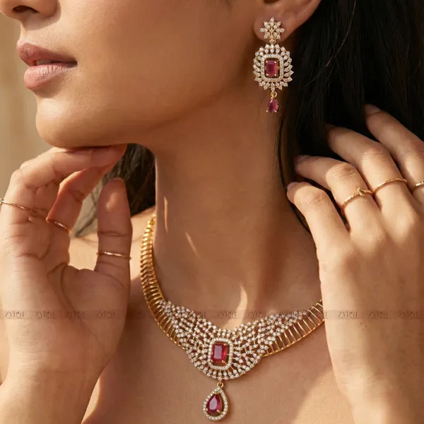 Antique_Gold_Plated_Pink_Stone_Necklace_Set_With_Earrings