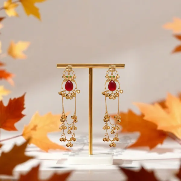 Gold_Plated_Kashmiri_Earrings_Red_Stone_Cascade_Dangle_Design