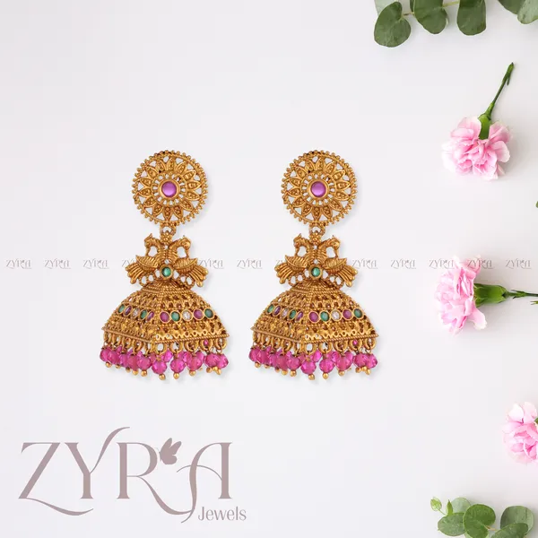 Gold_Plated_Jhumka_Earrings_With_Pink_Beads_And_Multicolor_Stones