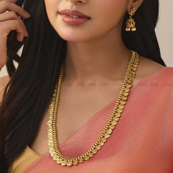 Gold_Plated_Coin_Design_Long_Necklace_Set_With_Pearl_Earrings