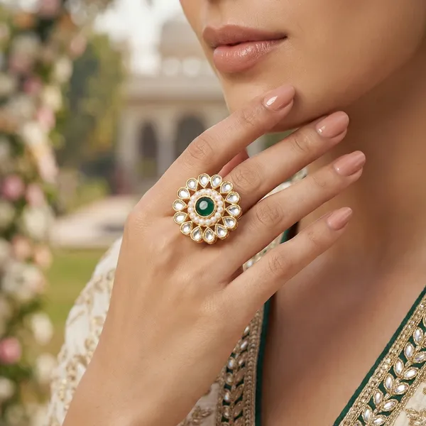 Gold_Plated_Kundan_Pearl_Green_Stone_Adjustable_Finger_Ring_For_Women