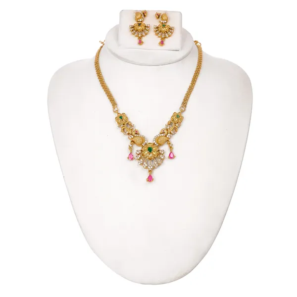 Gold_Plated_Peacock_Motif_Floral_Necklace_Earrings_Set