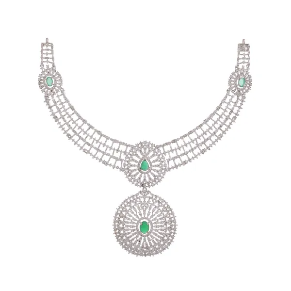 Silver_Green_Stone_Studded_Necklace_Earrings_Maang_Tikka_Set
