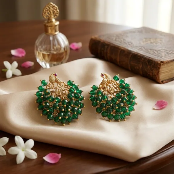 Antique_Gold_Plated_Green_Crystal_Beads_Peacock_Earrings