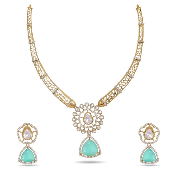 Antique_Gold_Brass_Moissanite_And_Zircon_Necklace_Set_With_Turquoise_Pendant