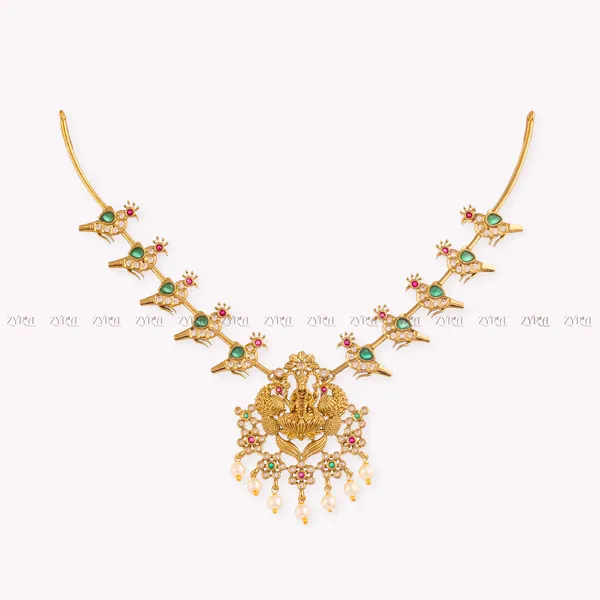 Gold_Lakshmi_Temple_Necklace_Set_With_Emerald_And_Ruby_Accents