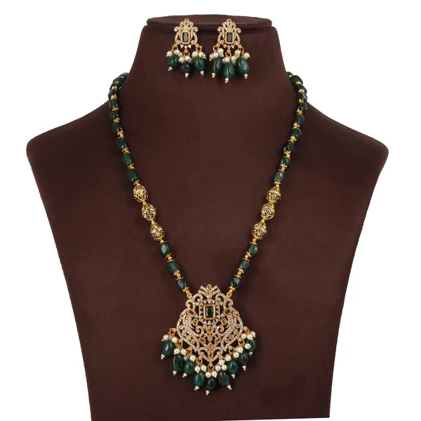Gold_Plated_Zircon_Pendant_Beaded_Long_Necklace_Set_With_Earrings