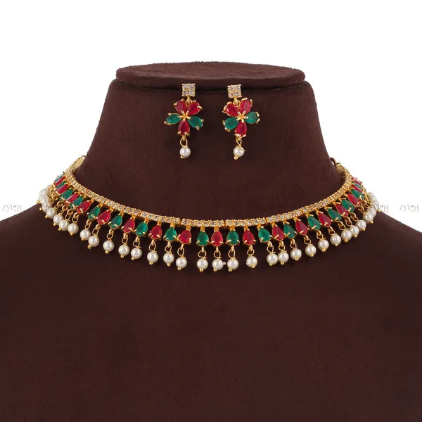 Gold_Plated_Multi_Color_Stone_Pearl_Drop_AD_Choker_Necklace_Set