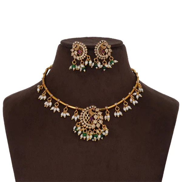 Antique_Gold_Plated_Brass_Cubic_Zirconia_Necklace_Set_With_Earrings