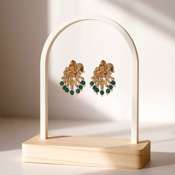Green_Beads_&_Zircons_Studded_Gold_Plated_Lakshmi_Temple_jewellery_Earrings