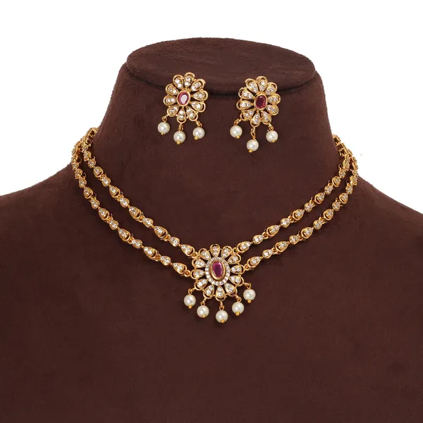Gold_Plated_Double_Layer_Zircon_Choker_Necklace_Set_With_Earrings_(Ruby)