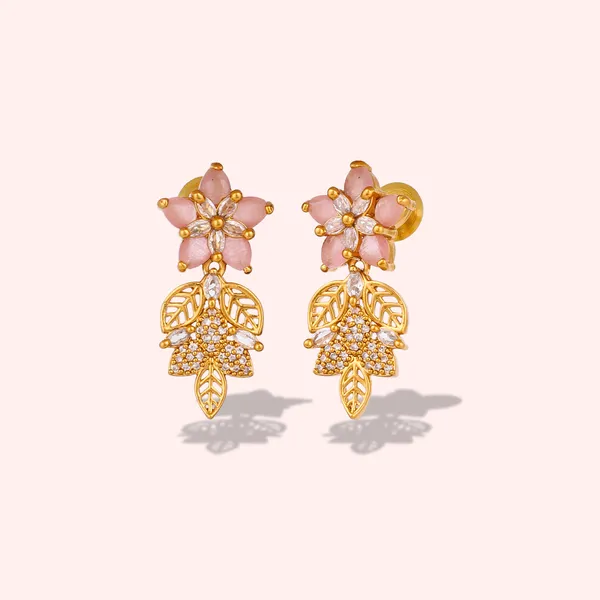 Gold_Plated_Pink_Stone_Floral_Earrings_With_Leaf_Design