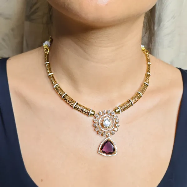 Antique_Gold_Moissanite_American_Diamond_Necklace_Set_With_Purple_Zircon