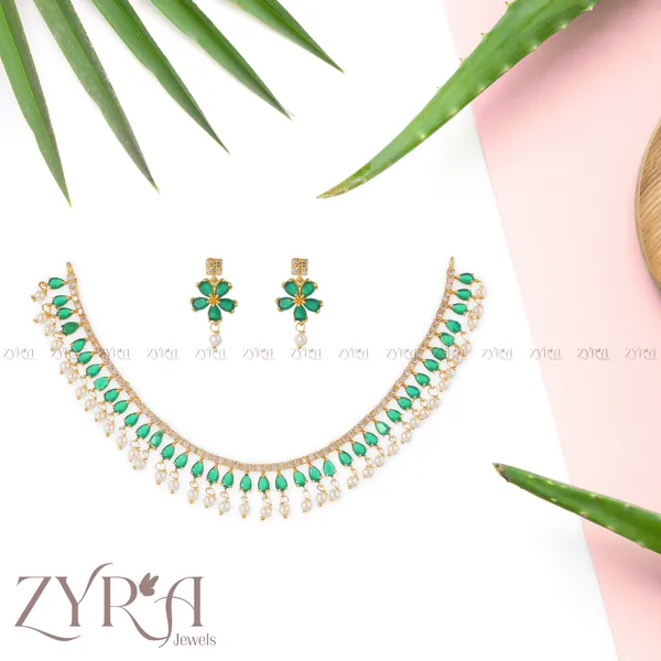 Green_Stone_American_Diamond_Gold_Plated_Choker_Necklace_Set