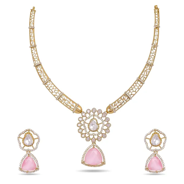 Antique_Gold_Moissanite_Pink_Stone_Necklace_Set_For_Women