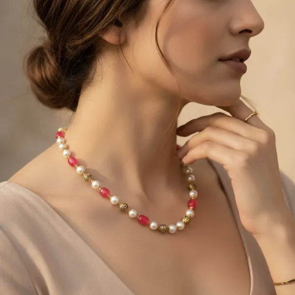 White_Pearl_And_Pink_Stone_Beaded_Necklace_With_Gold_Accents