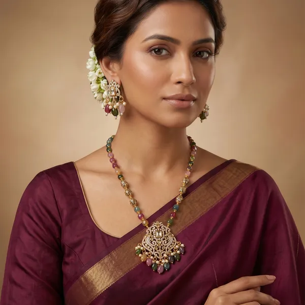 Cubic_Zirconia_Pendant_Gold_Plated_Multicolor_Stone_Long_Necklace_Set_With_Matching_Earrings