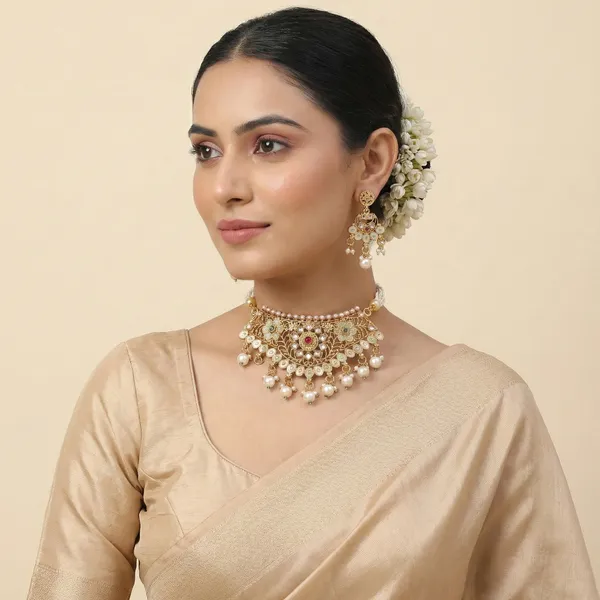 Kundan_Meenakari_Floral_Choker_Necklace_set_With_Earrings_Gold_Plated