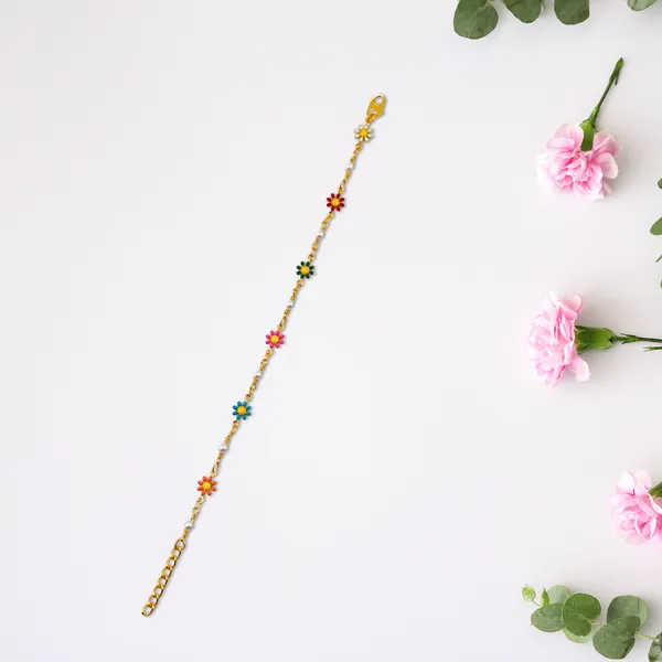 Gold_Tone_Multicolor_Enamel_Flower_Pearl_Charm_Bracelet_For_Girls