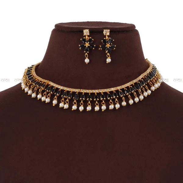 Gold_Plated_Black_Stone_Pearl_Drop_AD_Choker_Necklace_Set