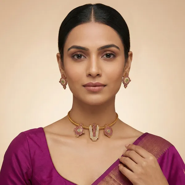 Antique_Gold_Plated_Brass_Choker_Necklace_Set_With_Earrings