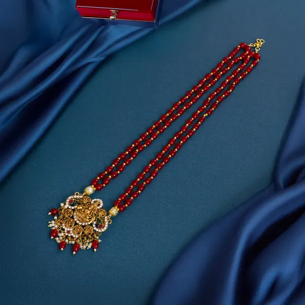 Maroon_Beaded_Double_Strand_Long_Necklace_With_Gold_Plated_Lakshmi_Pendant_For_Women